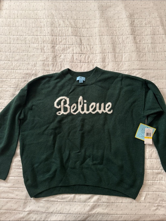CeCe Sweaters - CeCe Dark Green Crewneck Sweater with White "Believe" Script
